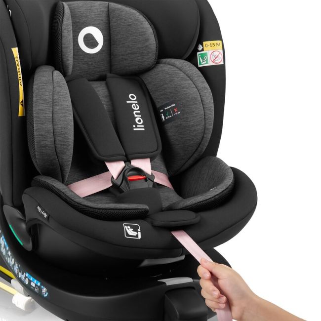 Scaun auto, Lionelo, i-Size Navy, 0-36 Kg, 40-150 cm, Cu isofix si picior de fixare, Protectie laterala, Rotire 360 grade, Ajustare spatar in 4 pozitii, Tetiera reglabila in 11 trepte, Conform cu R129, Negru/Roz BYNLO-NAVY_I-SIZE_BLACK_PINK