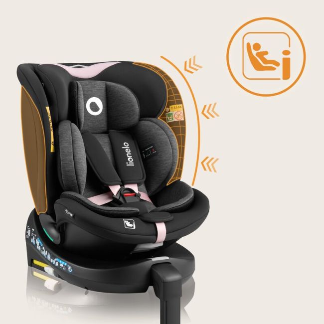 Scaun auto, Lionelo, i-Size Navy, 0-36 Kg, 40-150 cm, Cu isofix si picior de fixare, Protectie laterala, Rotire 360 grade, Ajustare spatar in 4 pozitii, Tetiera reglabila in 11 trepte, Conform cu R129, Negru/Roz BYNLO-NAVY_I-SIZE_BLACK_PINK