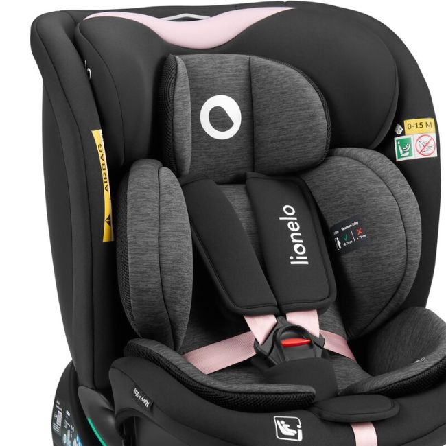 Scaun auto, Lionelo, i-Size Navy, 0-36 Kg, 40-150 cm, Cu isofix si picior de fixare, Protectie laterala, Rotire 360 grade, Ajustare spatar in 4 pozitii, Tetiera reglabila in 11 trepte, Conform cu R129, Negru/Roz BYNLO-NAVY_I-SIZE_BLACK_PINK