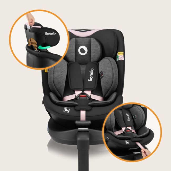 Scaun auto, Lionelo, i-Size Navy, 0-36 Kg, 40-150 cm, Cu isofix si picior de fixare, Protectie laterala, Rotire 360 grade, Ajustare spatar in 4 pozitii, Tetiera reglabila in 11 trepte, Conform cu R129, Negru/Roz BYNLO-NAVY_I-SIZE_BLACK_PINK