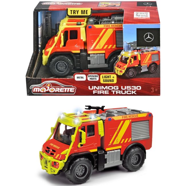 Masina de pompieri majorette mercedes unimog u530 fire truck 13 cm cu lumini si sunete hubs213712003038
