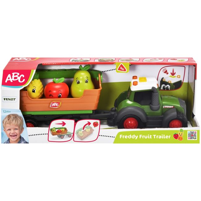 Tractor simba abc freddy fruit trailer 30 cm cu lumini, sunete, remorca si figurine hubs204115010