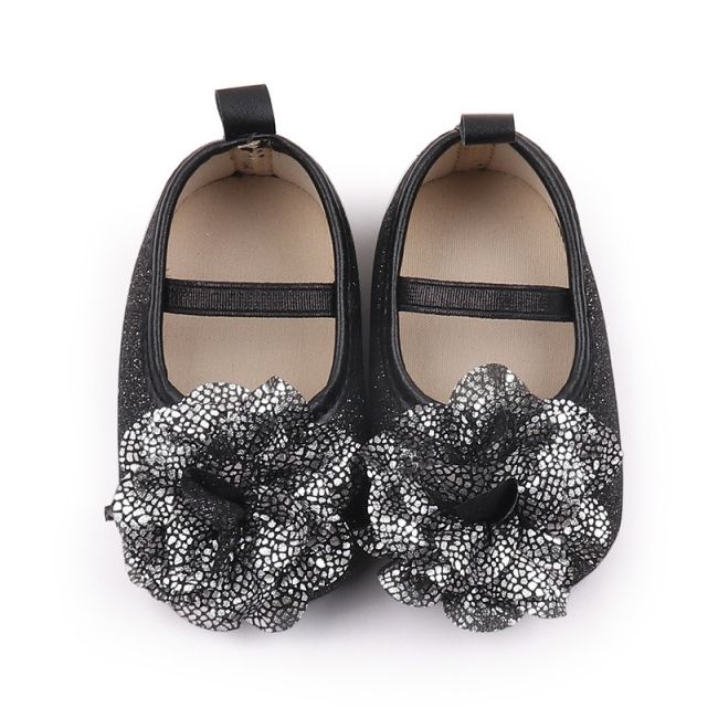 Pantofiori eleganti negri cu sclipici si floare argintie csbhx3104-1-va17