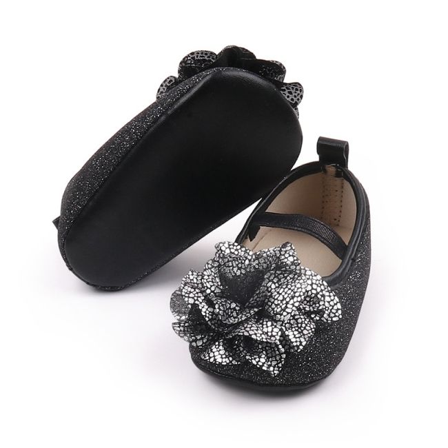 Pantofiori eleganti negri cu sclipici si floare argintie csbhx3104-1-va17