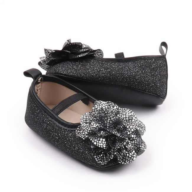 Pantofiori eleganti negri cu sclipici si floare argintie csbhx3104-1-va17