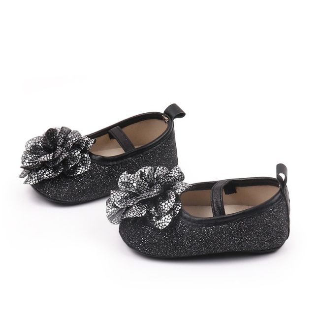 Pantofiori eleganti negri cu sclipici si floare argintie csbhx3104-1-va17