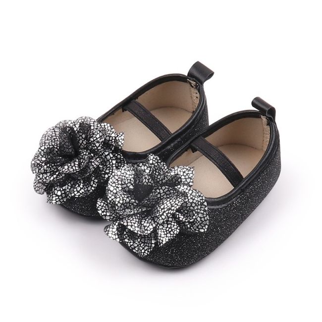 Pantofiori eleganti negri cu sclipici si floare argintie csbhx3104-1-va17