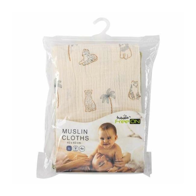 Set 4 lavete, Bubaba, Din muselina, Dimensiune 40x40 cm, Pentru spalarea si ingrijirea fetei si a corpului bebelusului dupa masa sau baita, Green/Beige BYN84508