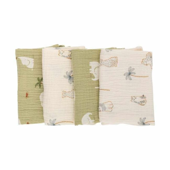 Set 4 lavete, Bubaba, Din muselina, Dimensiune 40x40 cm, Pentru spalarea si ingrijirea fetei si a corpului bebelusului dupa masa sau baita, Green/Beige BYN84508