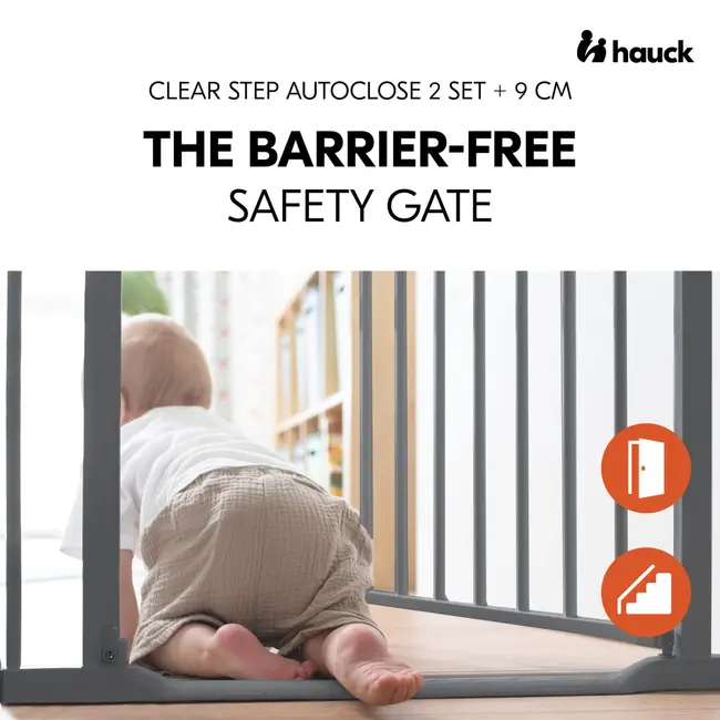 Poarta siguranta Hauck, Clear Step Autoclose 2 Grey, 75-80 cm, Cu extensie + 9 cm, 84-89cm, Inchidere magnetica automata din ambele parti EKDhk59745