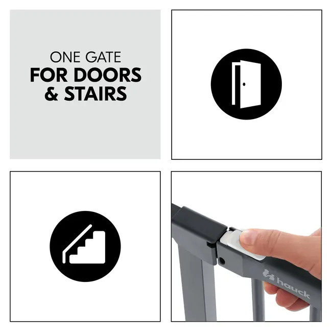 Poarta siguranta Hauck, Clear Step Autoclose 2 Grey, 75-80 cm, Cu extensie + 9 cm, 84-89cm, Inchidere magnetica automata din ambele parti EKDhk59745