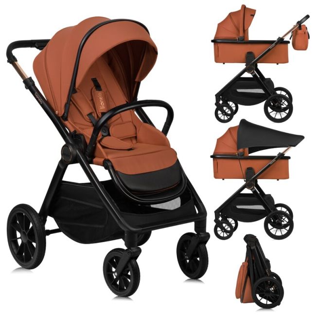 Carucior 2 in 1, Lionelo, Layla, Pana la 22 kg, Cadru aluminiu, Cu landou intarit si salteluta din spuma AirDots, Reversibil, Cu ventilatie 3D, Cu accesorii, EN1888-1, EN1888-2, EN1466, Maro BYNLO-LAYLA_2IN1_BROWN_RUST