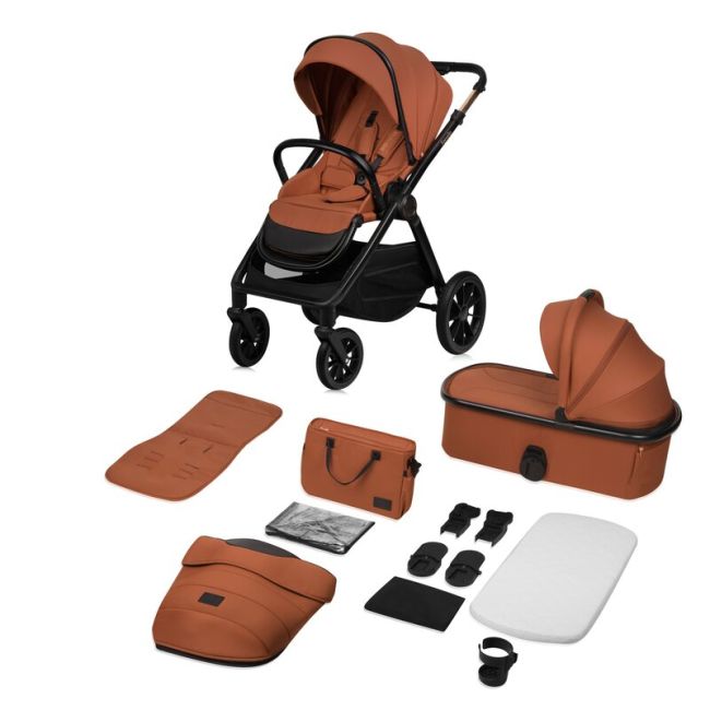 Carucior 2 in 1, Lionelo, Layla, Pana la 22 kg, Cadru aluminiu, Cu landou intarit si salteluta din spuma AirDots, Reversibil, Cu ventilatie 3D, Cu accesorii, EN1888-1, EN1888-2, EN1466, Maro BYNLO-LAYLA_2IN1_BROWN_RUST