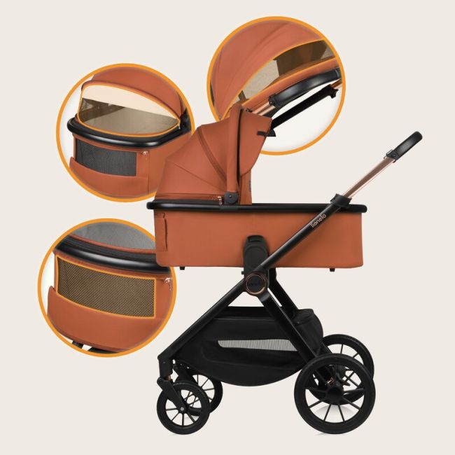 Carucior 2 in 1, Lionelo, Layla, Pana la 22 kg, Cadru aluminiu, Cu landou intarit si salteluta din spuma AirDots, Reversibil, Cu ventilatie 3D, Cu accesorii, EN1888-1, EN1888-2, EN1466, Maro BYNLO-LAYLA_2IN1_BROWN_RUST