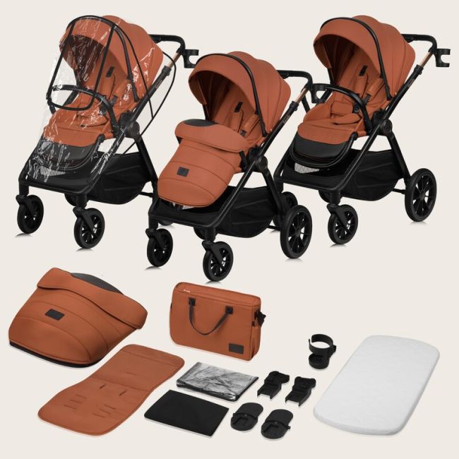 Carucior 2 in 1, Lionelo, Layla, Pana la 22 kg, Cadru aluminiu, Cu landou intarit si salteluta din spuma AirDots, Reversibil, Cu ventilatie 3D, Cu accesorii, EN1888-1, EN1888-2, EN1466, Maro BYNLO-LAYLA_2IN1_BROWN_RUST