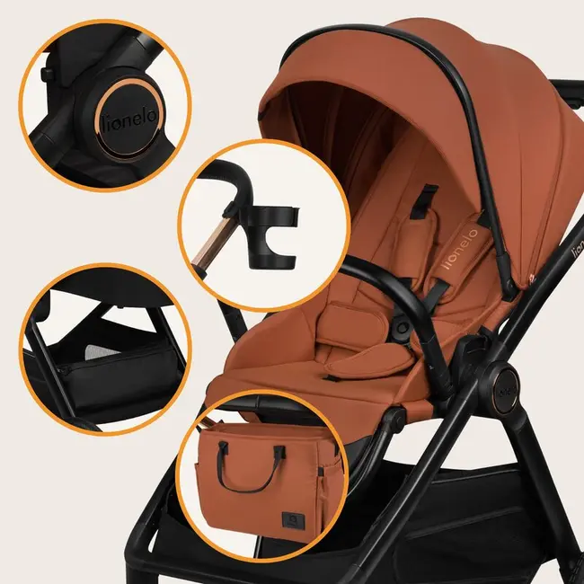 Carucior 2 in 1, Lionelo, Layla, Pana la 22 kg, Cadru aluminiu, Cu landou intarit si salteluta din spuma AirDots, Reversibil, Cu ventilatie 3D, Cu accesorii, EN1888-1, EN1888-2, EN1466, Maro BYNLO-LAYLA_2IN1_BROWN_RUST