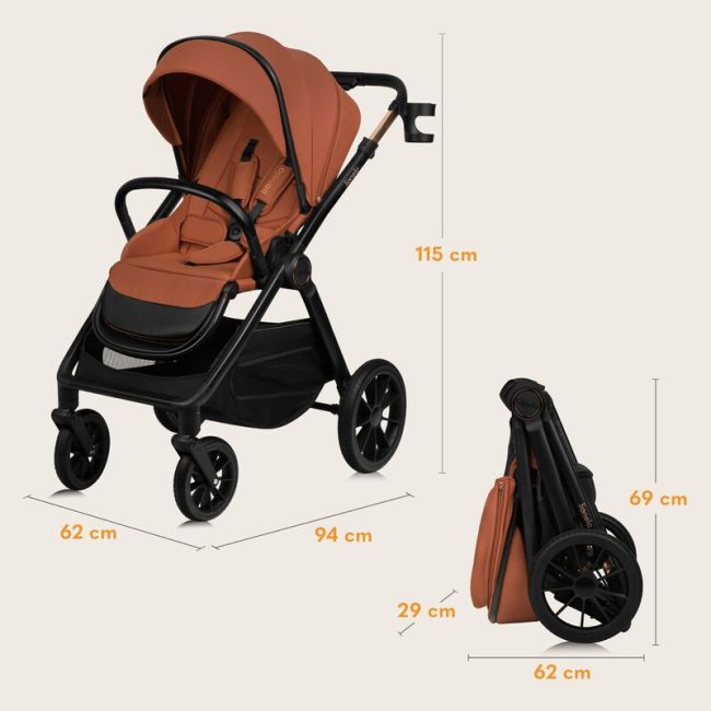 Carucior 2 in 1, Lionelo, Layla, Pana la 22 kg, Cadru aluminiu, Cu landou intarit si salteluta din spuma AirDots, Reversibil, Cu ventilatie 3D, Cu accesorii, EN1888-1, EN1888-2, EN1466, Maro BYNLO-LAYLA_2IN1_BROWN_RUST