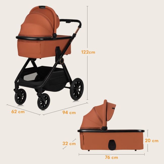 Carucior 2 in 1, Lionelo, Layla, Pana la 22 kg, Cadru aluminiu, Cu landou intarit si salteluta din spuma AirDots, Reversibil, Cu ventilatie 3D, Cu accesorii, EN1888-1, EN1888-2, EN1466, Maro BYNLO-LAYLA_2IN1_BROWN_RUST