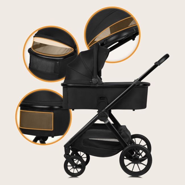 Carucior 2 in 1, Lionelo, Layla, Pana la 22 kg, Cadru aluminiu, Cu landou intarit si salteluta din spuma AirDots, Reversibil, Cu ventilatie 3D, Cu accesorii, EN1888-1, EN1888-2, EN1466, Negru BYNLO-LAYLA_2IN1_BLACK_ONYX