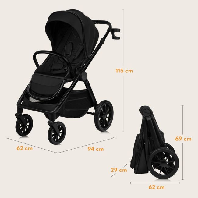 Carucior 2 in 1, Lionelo, Layla, Pana la 22 kg, Cadru aluminiu, Cu landou intarit si salteluta din spuma AirDots, Reversibil, Cu ventilatie 3D, Cu accesorii, EN1888-1, EN1888-2, EN1466, Negru BYNLO-LAYLA_2IN1_BLACK_ONYX
