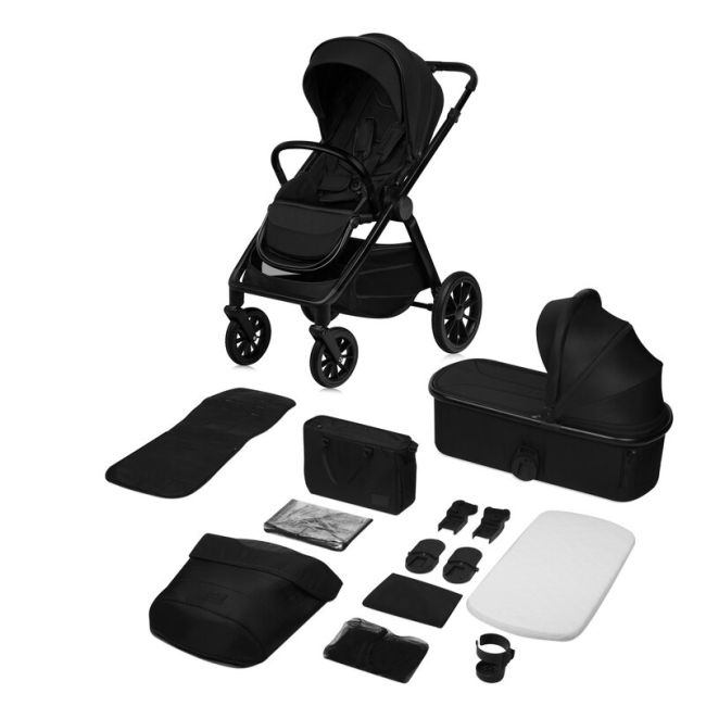 Carucior 2 in 1, Lionelo, Layla, Pana la 22 kg, Cadru aluminiu, Cu landou intarit si salteluta din spuma AirDots, Reversibil, Cu ventilatie 3D, Cu accesorii, EN1888-1, EN1888-2, EN1466, Negru BYNLO-LAYLA_2IN1_BLACK_ONYX