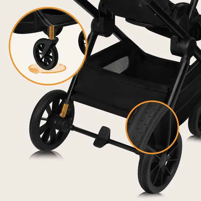 Carucior 2 in 1, Lionelo, Layla, Pana la 22 kg, Cadru aluminiu, Cu landou intarit si salteluta din spuma AirDots, Reversibil, Cu ventilatie 3D, Cu accesorii, EN1888-1, EN1888-2, EN1466, Negru BYNLO-LAYLA_2IN1_BLACK_ONYX