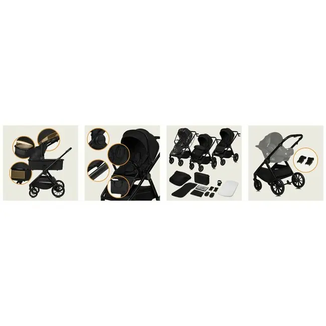 Carucior 2 in 1, Lionelo, Layla, Pana la 22 kg, Cadru aluminiu, Cu landou intarit si salteluta din spuma AirDots, Reversibil, Cu ventilatie 3D, Cu accesorii, EN1888-1, EN1888-2, EN1466, Negru BYNLO-LAYLA_2IN1_BLACK_ONYX