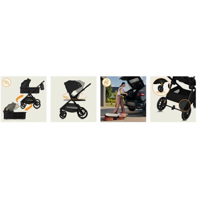 Carucior 2 in 1, Lionelo, Layla, Pana la 22 kg, Cadru aluminiu, Cu landou intarit si salteluta din spuma AirDots, Reversibil, Cu ventilatie 3D, Cu accesorii, EN1888-1, EN1888-2, EN1466, Negru BYNLO-LAYLA_2IN1_BLACK_ONYX