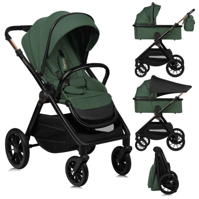 Carucior 2 in 1, Lionelo, Layla, Pana la 22 kg, Cadru aluminiu, Cu landou intarit si salteluta din spuma AirDots, Reversibil, Cu ventilatie 3D, Cu accesorii, EN1888-1, EN1888-2, EN1466, Verde BYNLO-LAYLA_2IN1_GREEN_FOREST