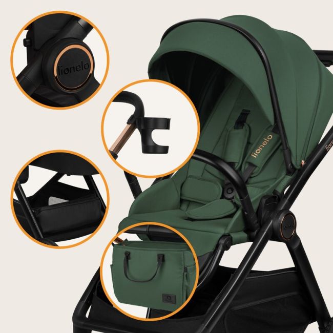 Carucior 2 in 1, Lionelo, Layla, Pana la 22 kg, Cadru aluminiu, Cu landou intarit si salteluta din spuma AirDots, Reversibil, Cu ventilatie 3D, Cu accesorii, EN1888-1, EN1888-2, EN1466, Verde BYNLO-LAYLA_2IN1_GREEN_FOREST