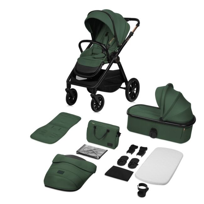Carucior 2 in 1, Lionelo, Layla, Pana la 22 kg, Cadru aluminiu, Cu landou intarit si salteluta din spuma AirDots, Reversibil, Cu ventilatie 3D, Cu accesorii, EN1888-1, EN1888-2, EN1466, Verde BYNLO-LAYLA_2IN1_GREEN_FOREST