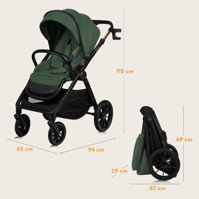 Carucior 2 in 1, Lionelo, Layla, Pana la 22 kg, Cadru aluminiu, Cu landou intarit si salteluta din spuma AirDots, Reversibil, Cu ventilatie 3D, Cu accesorii, EN1888-1, EN1888-2, EN1466, Verde BYNLO-LAYLA_2IN1_GREEN_FOREST