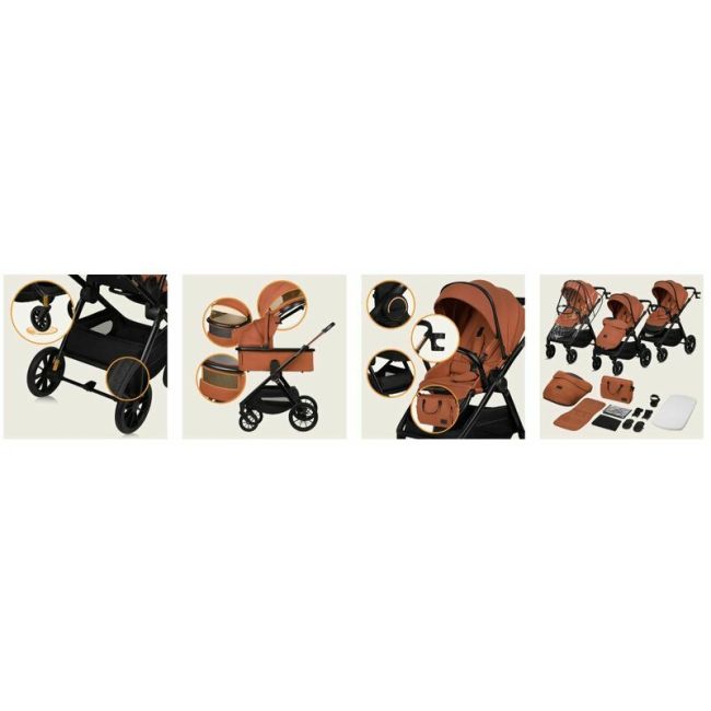 Carucior 3 in 1, Lionelo, Layla, Pana la 22 kg, Cadru aluminiu, Cu landou intarit si salteluta din spuma AirDots, Scoica auto, Reversibil, Cu ventilatie 3D, Cu accesorii, EN1888-1, EN1888-2, EN1466, Maro BYNLO-LAYLA_3IN1_BROWN_RUST