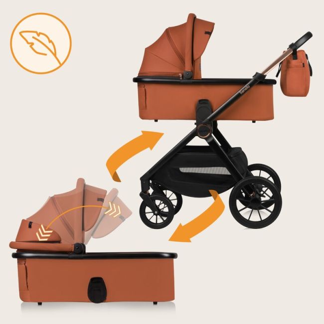 Carucior 3 in 1, Lionelo, Layla, Pana la 22 kg, Cadru aluminiu, Cu landou intarit si salteluta din spuma AirDots, Scoica auto, Reversibil, Cu ventilatie 3D, Cu accesorii, EN1888-1, EN1888-2, EN1466, Maro BYNLO-LAYLA_3IN1_BROWN_RUST