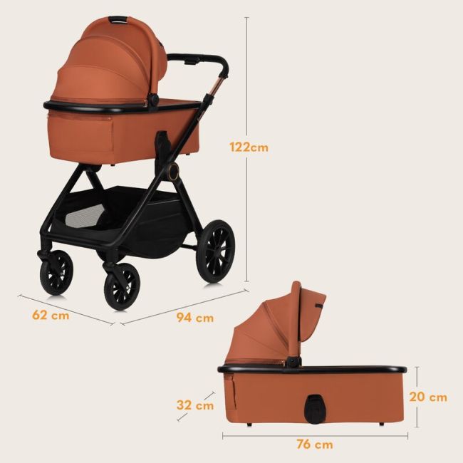 Carucior 3 in 1, Lionelo, Layla, Pana la 22 kg, Cadru aluminiu, Cu landou intarit si salteluta din spuma AirDots, Scoica auto, Reversibil, Cu ventilatie 3D, Cu accesorii, EN1888-1, EN1888-2, EN1466, Maro BYNLO-LAYLA_3IN1_BROWN_RUST