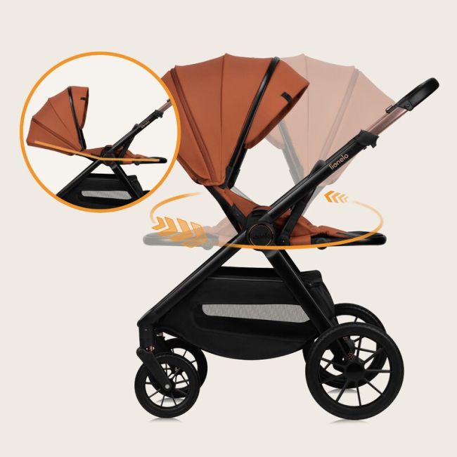 Carucior 3 in 1, Lionelo, Layla, Pana la 22 kg, Cadru aluminiu, Cu landou intarit si salteluta din spuma AirDots, Scoica auto, Reversibil, Cu ventilatie 3D, Cu accesorii, EN1888-1, EN1888-2, EN1466, Maro BYNLO-LAYLA_3IN1_BROWN_RUST