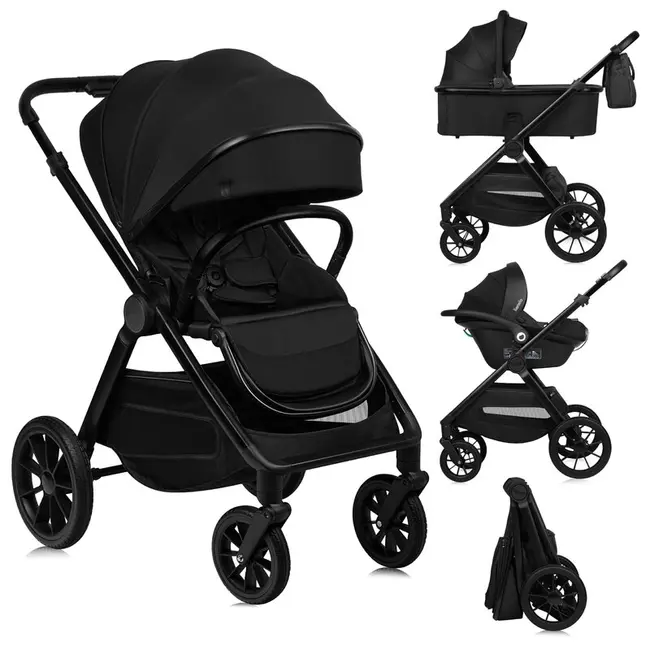 Carucior 3 in 1, Lionelo, Layla, Pana la 22 kg, Cadru aluminiu, Cu landou intarit si salteluta din spuma AirDots, Scoica auto, Reversibil, Cu ventilatie 3D, Cu accesorii, EN1888-1, EN1888-2, EN1466, Negru BYNLO-LAYLA_3IN1_BLACK_ONYX
