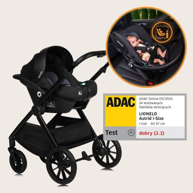 Carucior 3 in 1, Lionelo, Layla, Pana la 22 kg, Cadru aluminiu, Cu landou intarit si salteluta din spuma AirDots, Scoica auto, Reversibil, Cu ventilatie 3D, Cu accesorii, EN1888-1, EN1888-2, EN1466, Negru BYNLO-LAYLA_3IN1_BLACK_ONYX