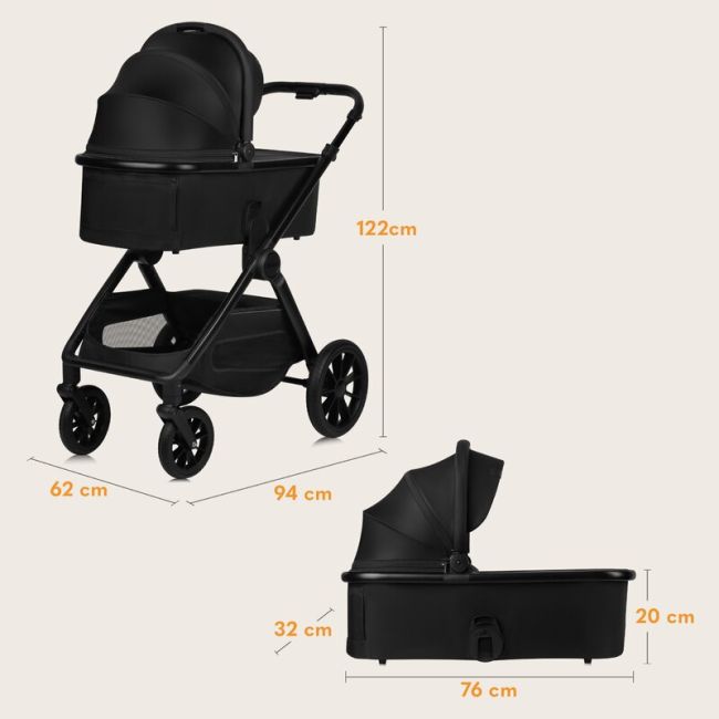 Carucior 3 in 1, Lionelo, Layla, Pana la 22 kg, Cadru aluminiu, Cu landou intarit si salteluta din spuma AirDots, Scoica auto, Reversibil, Cu ventilatie 3D, Cu accesorii, EN1888-1, EN1888-2, EN1466, Negru BYNLO-LAYLA_3IN1_BLACK_ONYX