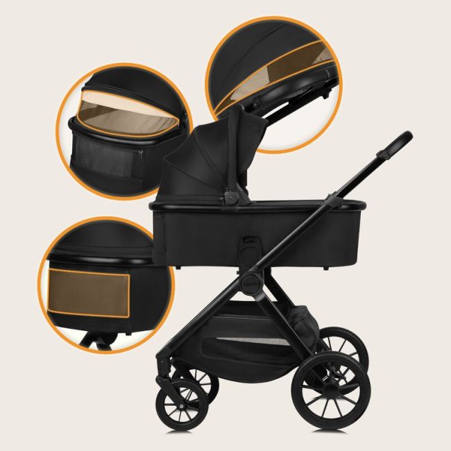 Carucior 3 in 1, Lionelo, Layla, Pana la 22 kg, Cadru aluminiu, Cu landou intarit si salteluta din spuma AirDots, Scoica auto, Reversibil, Cu ventilatie 3D, Cu accesorii, EN1888-1, EN1888-2, EN1466, Negru BYNLO-LAYLA_3IN1_BLACK_ONYX