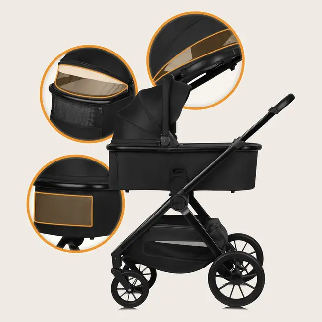 Carucior 3 in 1, Lionelo, Layla, Pana la 22 kg, Cadru aluminiu, Cu landou intarit si salteluta din spuma AirDots, Scoica auto, Reversibil, Cu ventilatie 3D, Cu accesorii, EN1888-1, EN1888-2, EN1466, Negru BYNLO-LAYLA_3IN1_BLACK_ONYX