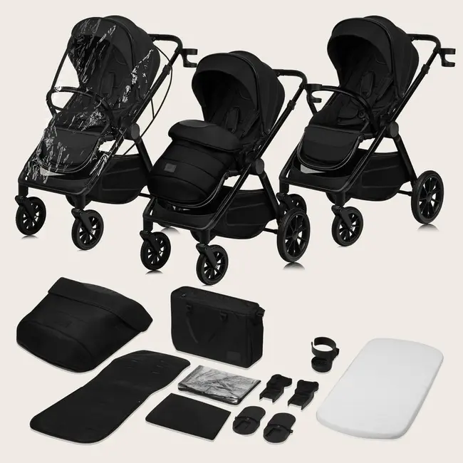 Carucior 3 in 1, Lionelo, Layla, Pana la 22 kg, Cadru aluminiu, Cu landou intarit si salteluta din spuma AirDots, Scoica auto, Reversibil, Cu ventilatie 3D, Cu accesorii, EN1888-1, EN1888-2, EN1466, Negru BYNLO-LAYLA_3IN1_BLACK_ONYX