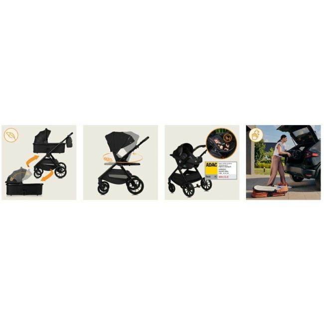 Carucior 3 in 1, Lionelo, Layla, Pana la 22 kg, Cadru aluminiu, Cu landou intarit si salteluta din spuma AirDots, Scoica auto, Reversibil, Cu ventilatie 3D, Cu accesorii, EN1888-1, EN1888-2, EN1466, Negru BYNLO-LAYLA_3IN1_BLACK_ONYX