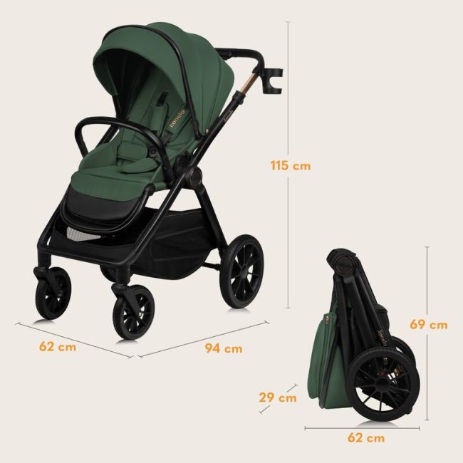Carucior 3 in 1, Lionelo, Layla, Pana la 22 kg, Cadru aluminiu, Cu landou intarit si salteluta din spuma AirDots, Scoica auto, Reversibil, Cu ventilatie 3D, Cu accesorii, EN1888-1, EN1888-2, EN1466, Verde BYNLO-LAYLA_3IN1_GREEN_FOREST