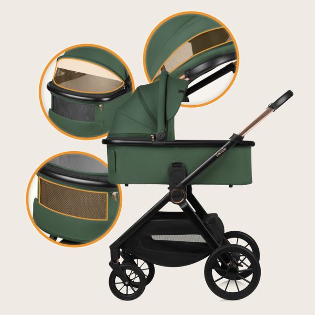Carucior 3 in 1, Lionelo, Layla, Pana la 22 kg, Cadru aluminiu, Cu landou intarit si salteluta din spuma AirDots, Scoica auto, Reversibil, Cu ventilatie 3D, Cu accesorii, EN1888-1, EN1888-2, EN1466, Verde BYNLO-LAYLA_3IN1_GREEN_FOREST