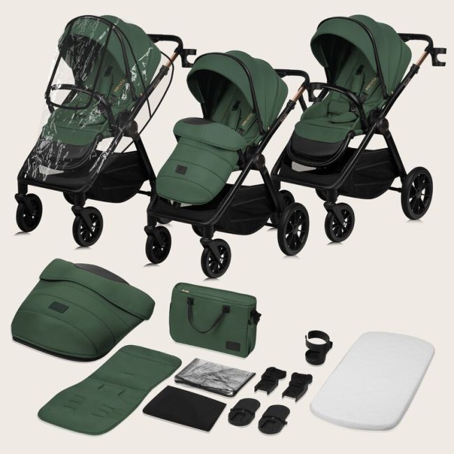 Carucior 3 in 1, Lionelo, Layla, Pana la 22 kg, Cadru aluminiu, Cu landou intarit si salteluta din spuma AirDots, Scoica auto, Reversibil, Cu ventilatie 3D, Cu accesorii, EN1888-1, EN1888-2, EN1466, Verde BYNLO-LAYLA_3IN1_GREEN_FOREST
