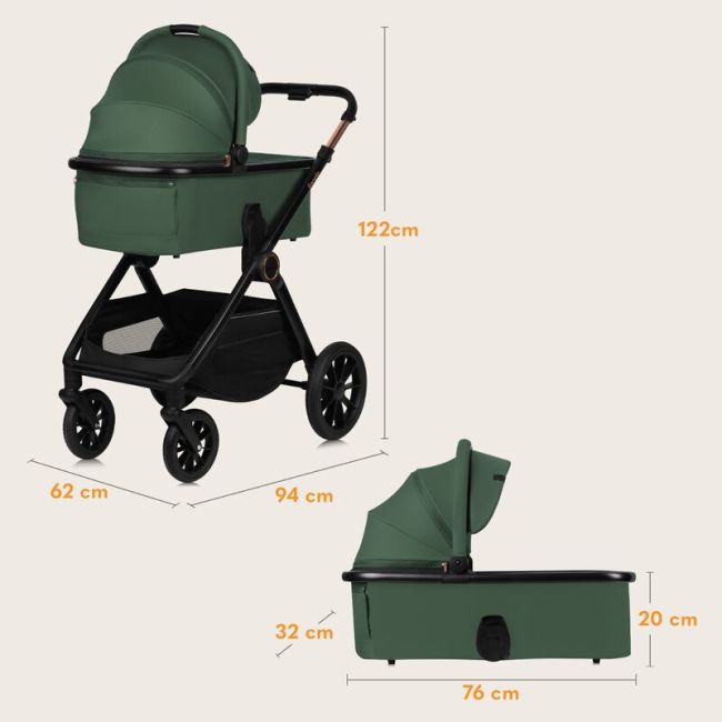 Carucior 3 in 1, Lionelo, Layla, Pana la 22 kg, Cadru aluminiu, Cu landou intarit si salteluta din spuma AirDots, Scoica auto, Reversibil, Cu ventilatie 3D, Cu accesorii, EN1888-1, EN1888-2, EN1466, Verde BYNLO-LAYLA_3IN1_GREEN_FOREST
