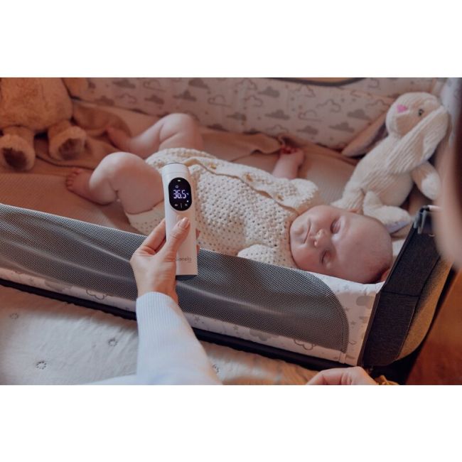 Termometru, Lionelo, FeverScan, Cu infrarosu, Fara contact, Rezultat ultrarapid, Potrivit si pentru alimente, Cu 4 moduri de functionare, Cu indicator LED si alarma sonora, Cu husa de depozitare BYNLOC-FEVERSCAN
