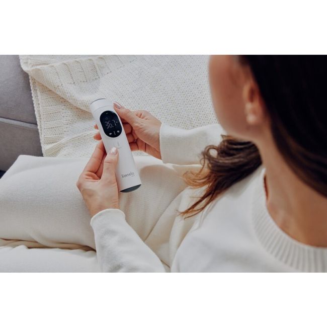 Termometru, Lionelo, FeverScan, Cu infrarosu, Fara contact, Rezultat ultrarapid, Potrivit si pentru alimente, Cu 4 moduri de functionare, Cu indicator LED si alarma sonora, Cu husa de depozitare BYNLOC-FEVERSCAN