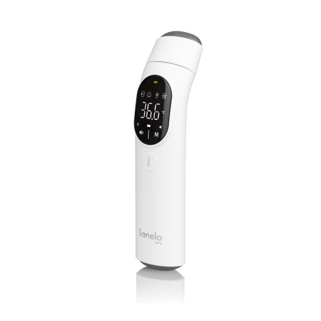 Termometru, Lionelo, FeverScan, Cu infrarosu, Fara contact, Rezultat ultrarapid, Potrivit si pentru alimente, Cu 4 moduri de functionare, Cu indicator LED si alarma sonora, Cu husa de depozitare BYNLOC-FEVERSCAN